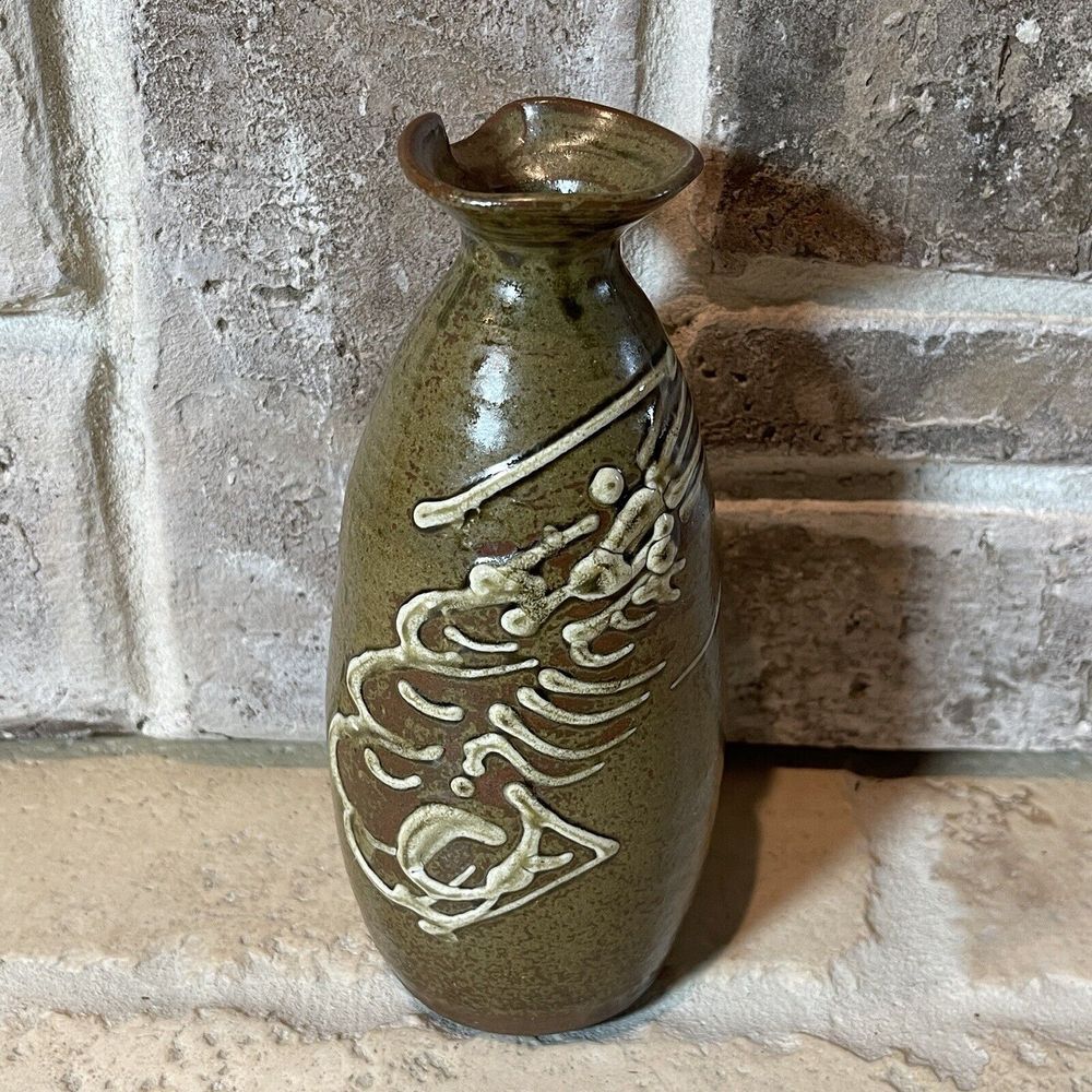 Studio Art Pottery Vase 6.5 Inch Olive Green Fish Skeleton Fossil Signed